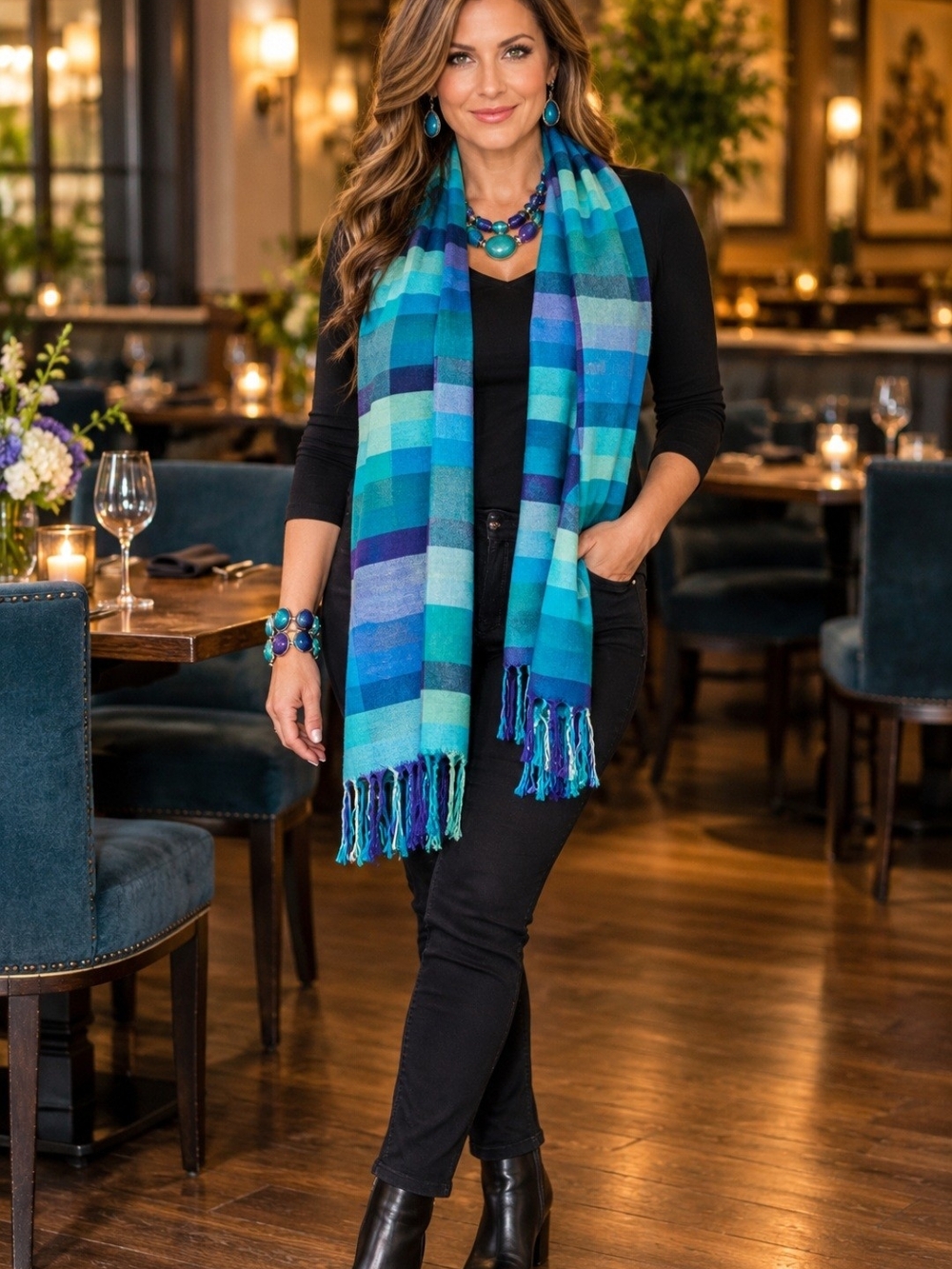 Aqua & Turquoise Boho Chic Colorful Striped Fringe Lightweight Wrap Scarf